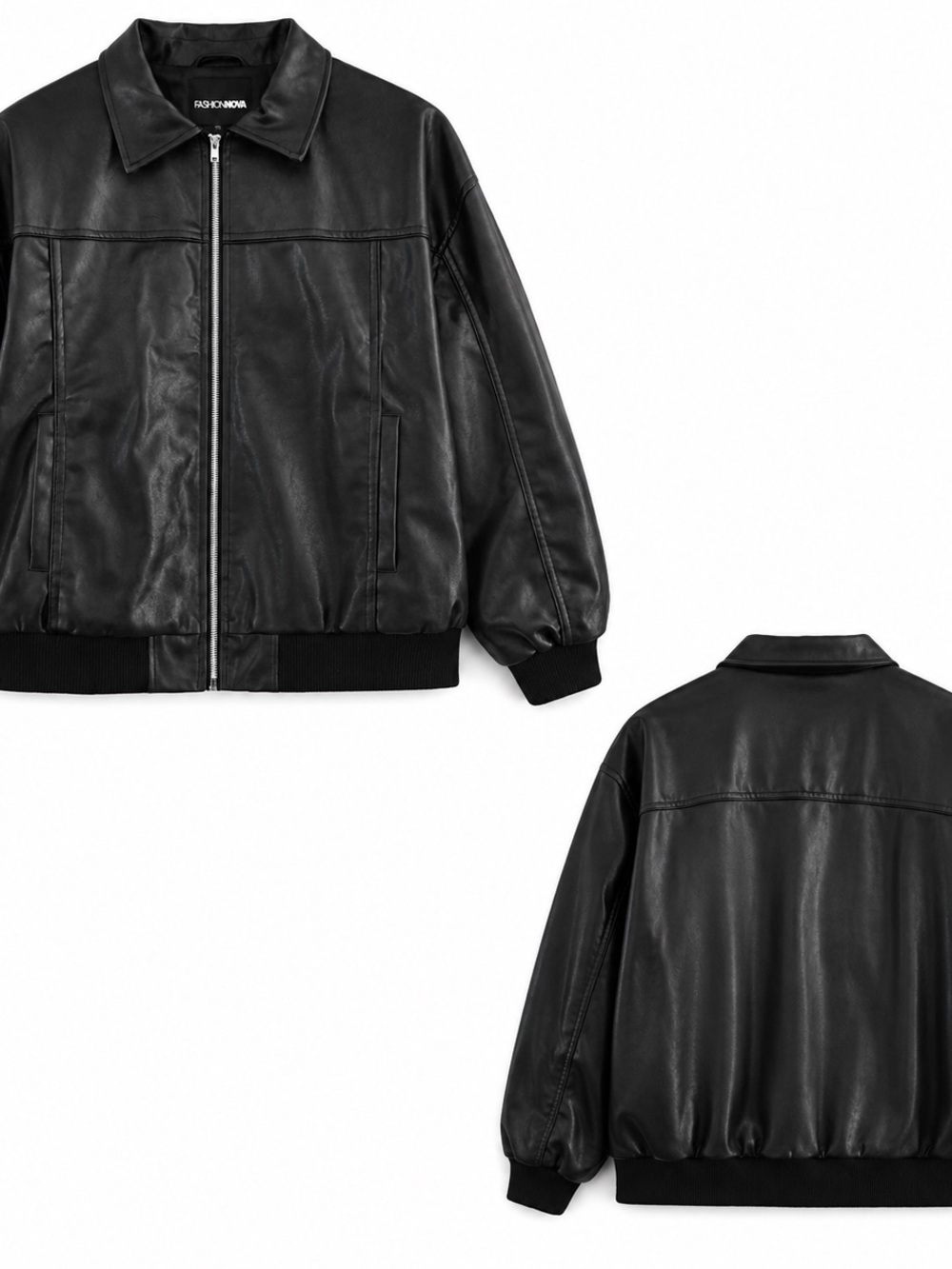 Fashion Nova Black Faux Leather Zip Bomber Jacket